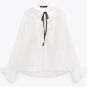 Zara Ruffle Black Lace Shirt White Size S Brand New With Tags